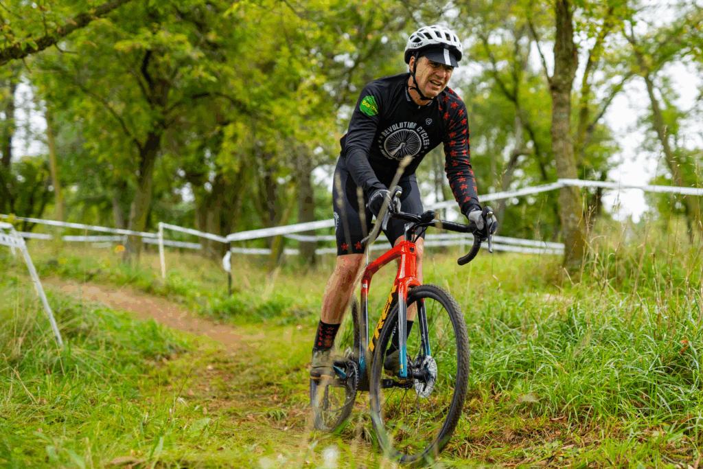 Paul suffering on his bike at a cyclocross race.
